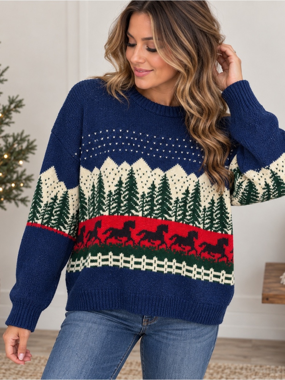 Navy Holiday Forest Crewneck Sweater with Red Accent